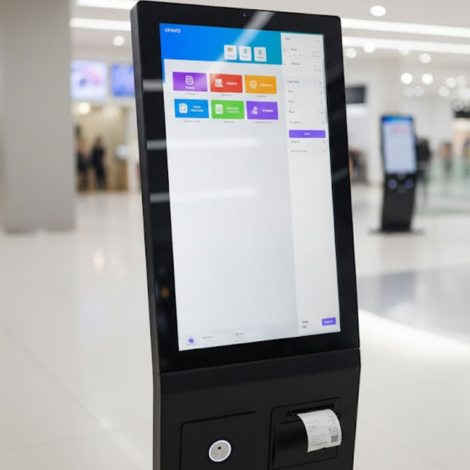 21 inch self ordering kiosk with touchscreen and integrated receipt printer